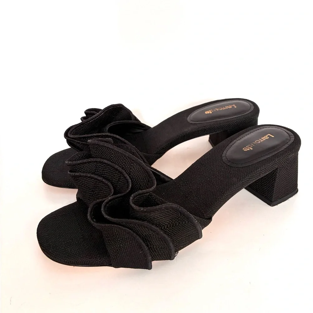 Larroude Brigitte Ruffle Raffia Block Heel Sandals (9.5) - Picture 5 of 13